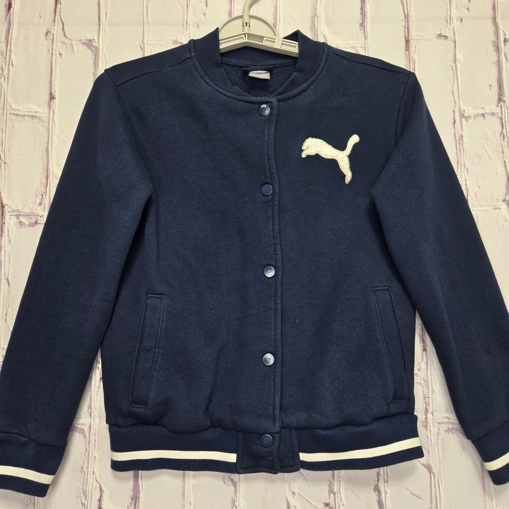 Puma Bomber Jacket Navy Blue Snap Fleece Sport Athletic Kids Size M 10/12